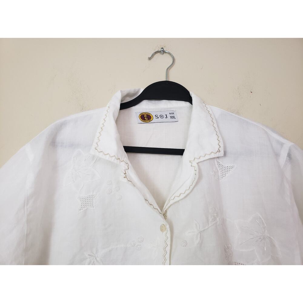 SnJ Jeans Womens Shirt Blouse Size XXL Bead Applique Embroidered Beachy Ivory